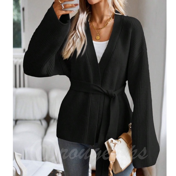Rouge! Sweaters - Black Knit Kimono Cardigan Sweater Tie Belt Loose Fit Drop Shoulder Wrap